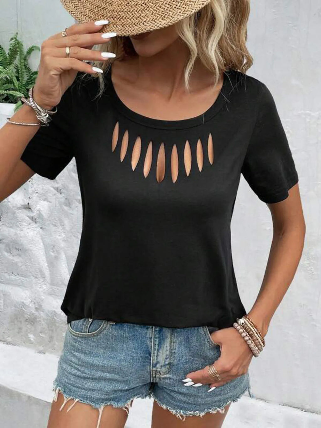 Short sleeve T-shirt with a hollow out neckline from Trendsi, featuring a stylish cut-out design in a casual top style.