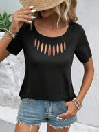 Short sleeve T-shirt with a hollow out neckline from Trendsi, featuring a stylish cut-out design in a casual top style.