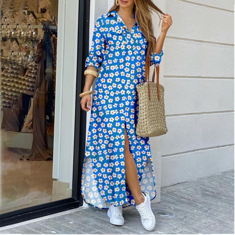 Women's floral print long shirt dress with lapel collar, midi length, relaxed fit from Plush Fashion Hub.