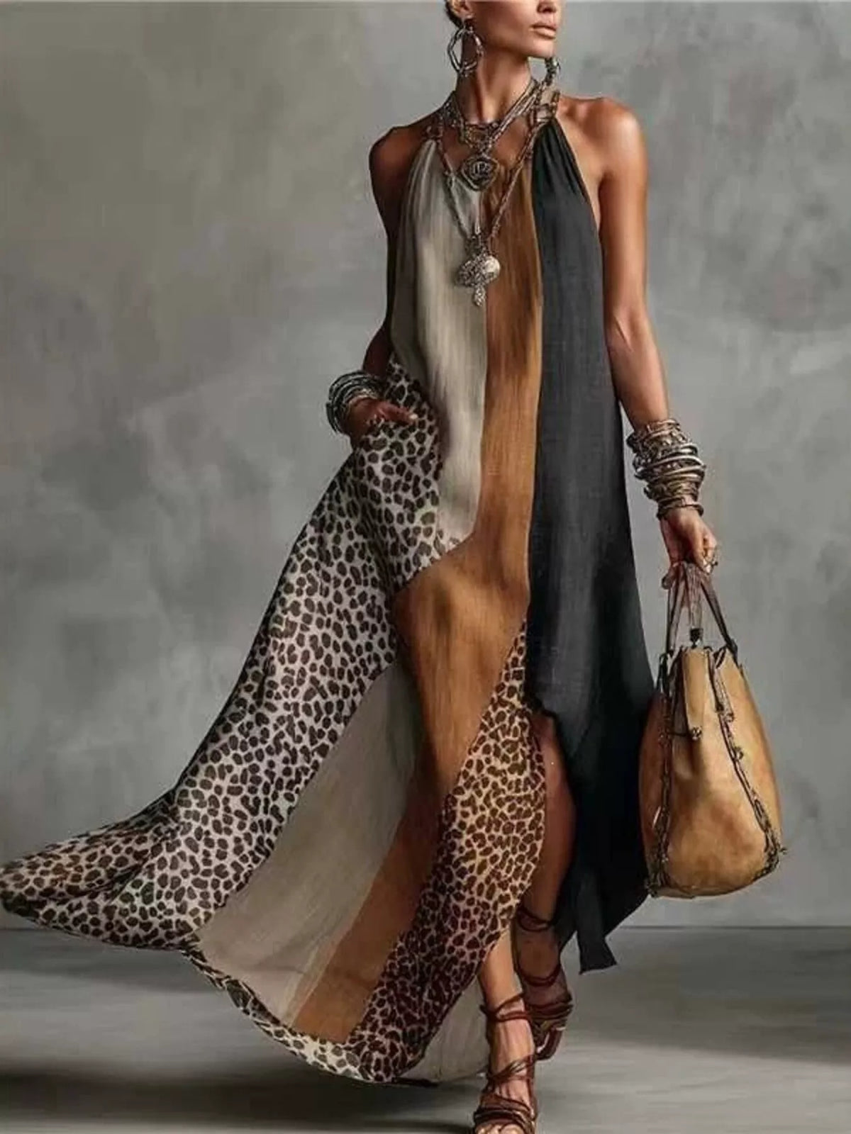 Color-block leopard print sleeveless maxi dress from Trendsi featuring bold patterns and a flowing silhouette.