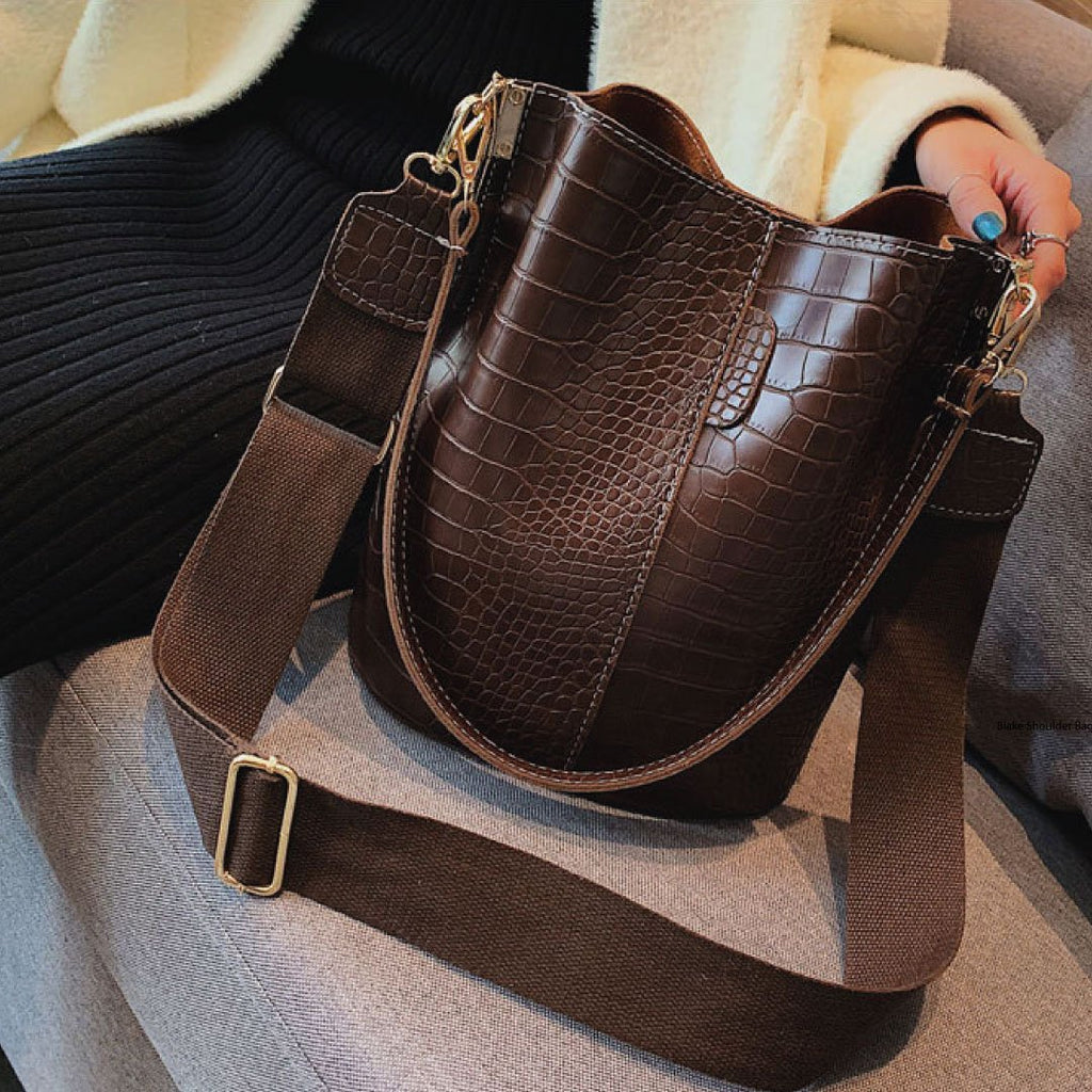 Chocolate croc leather Blake shoulder bag by LadyShow.Store with adjustable strap and sleek design.