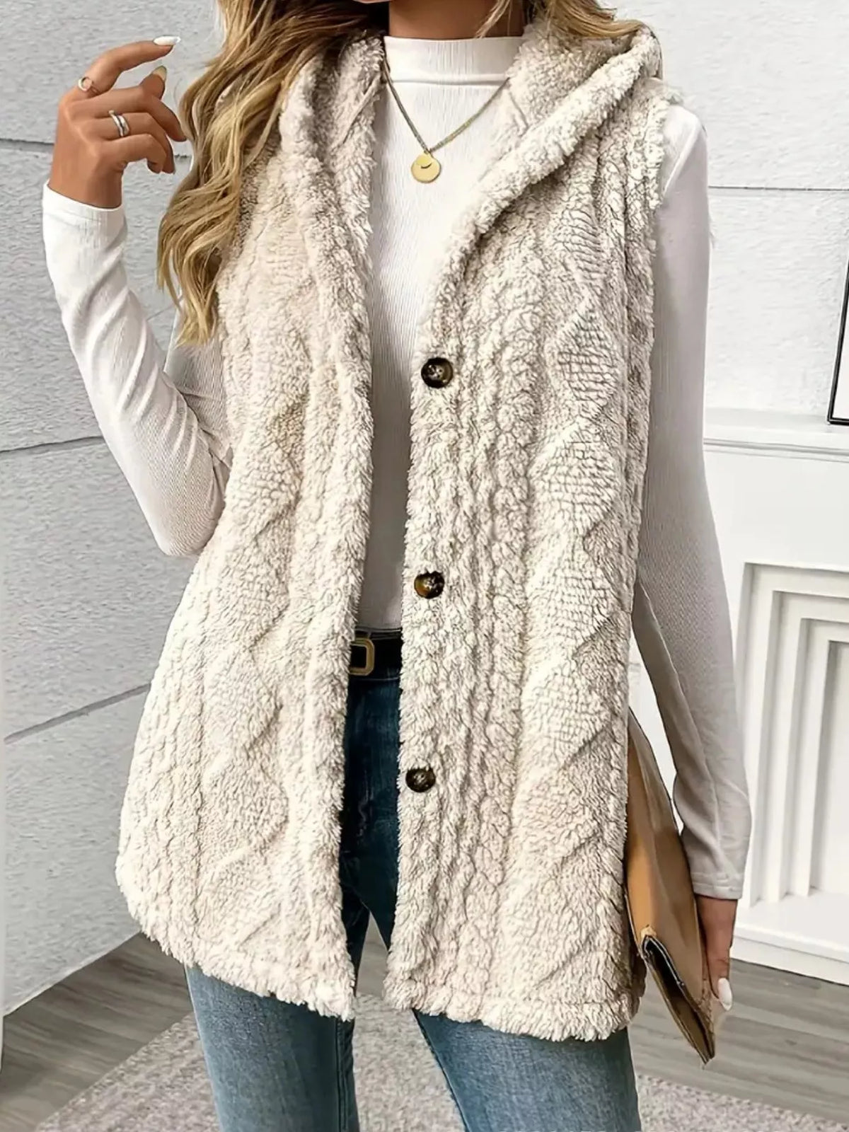 Simply Love hooded button-up sherpa vest coat with a cozy fleece lining and front pockets, shown in a front view.