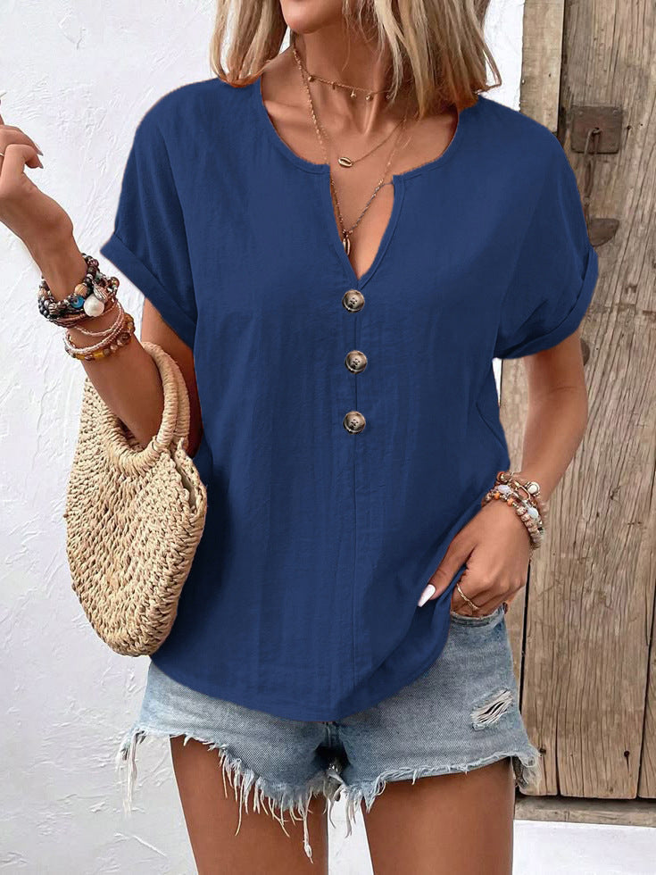 Women's buttoned V-neck short-sleeve T-shirt top by Plush Fashion Hub, shown in a casual, fitted style with front buttons.