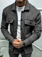 Men's full-size button-up long sleeve jacket by Shopimist, shown in a stylish, casual design with a front button closure.