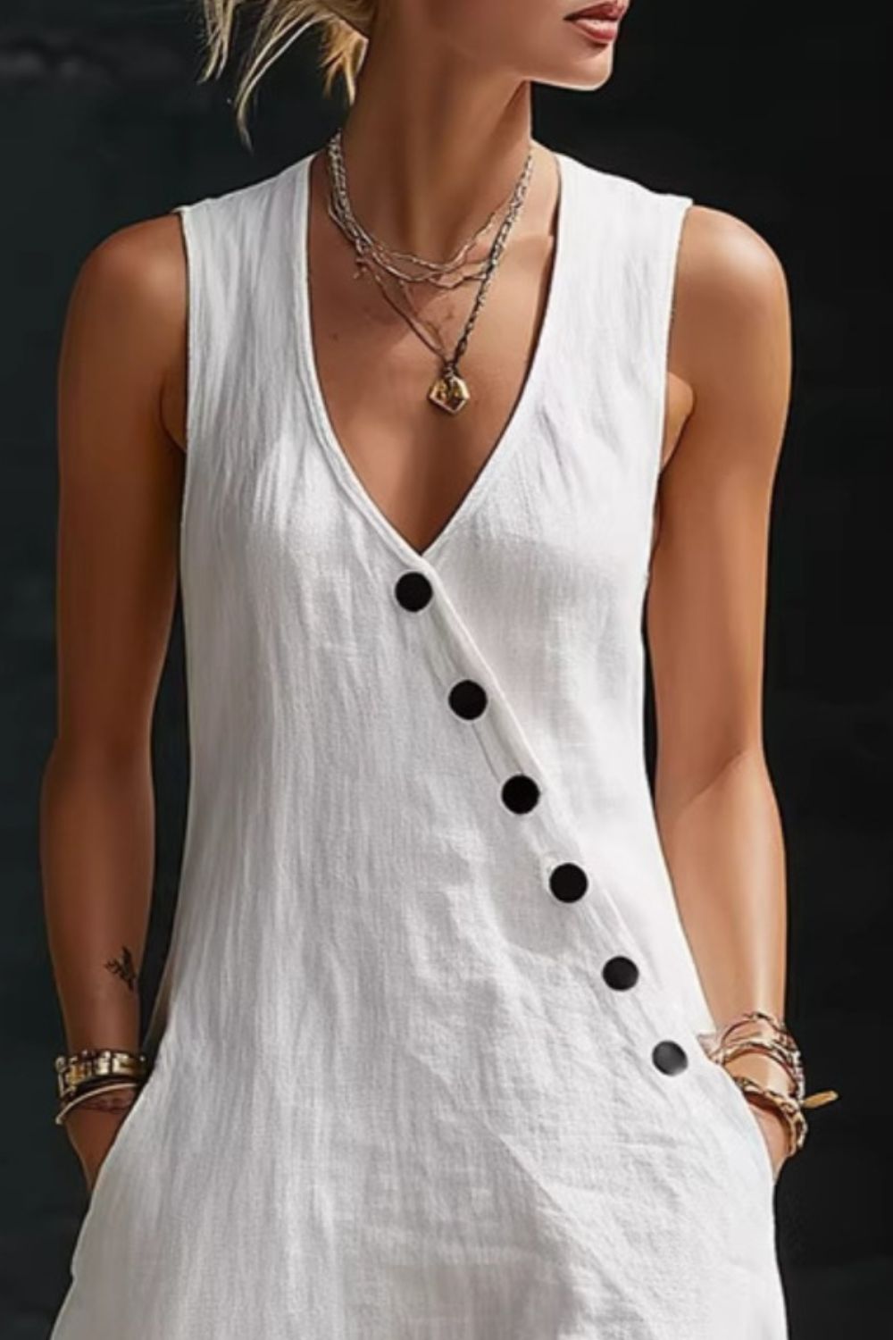 Women's sleeveless button-down midi dress by Trendsi, featuring an elegant A-line design perfect for casual wear.