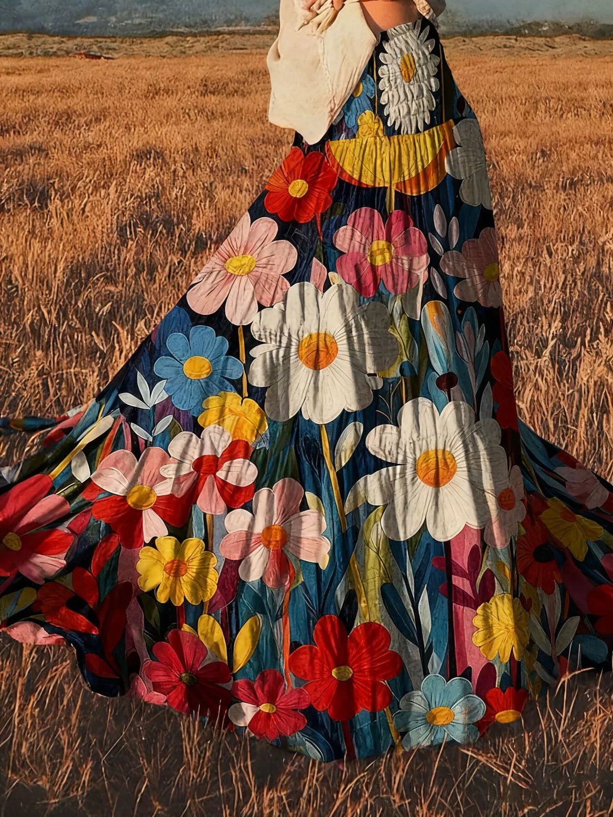 Floral print high-waisted maxi skirt by Trendsi, flowing fabric with vibrant floral patterns, full-length design.