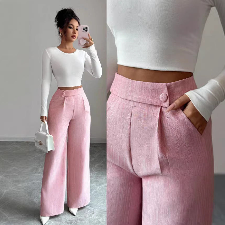 Women's high-waist straight-leg pants by FitiqueFit in solid color with button detail, full-length view showing classic style.