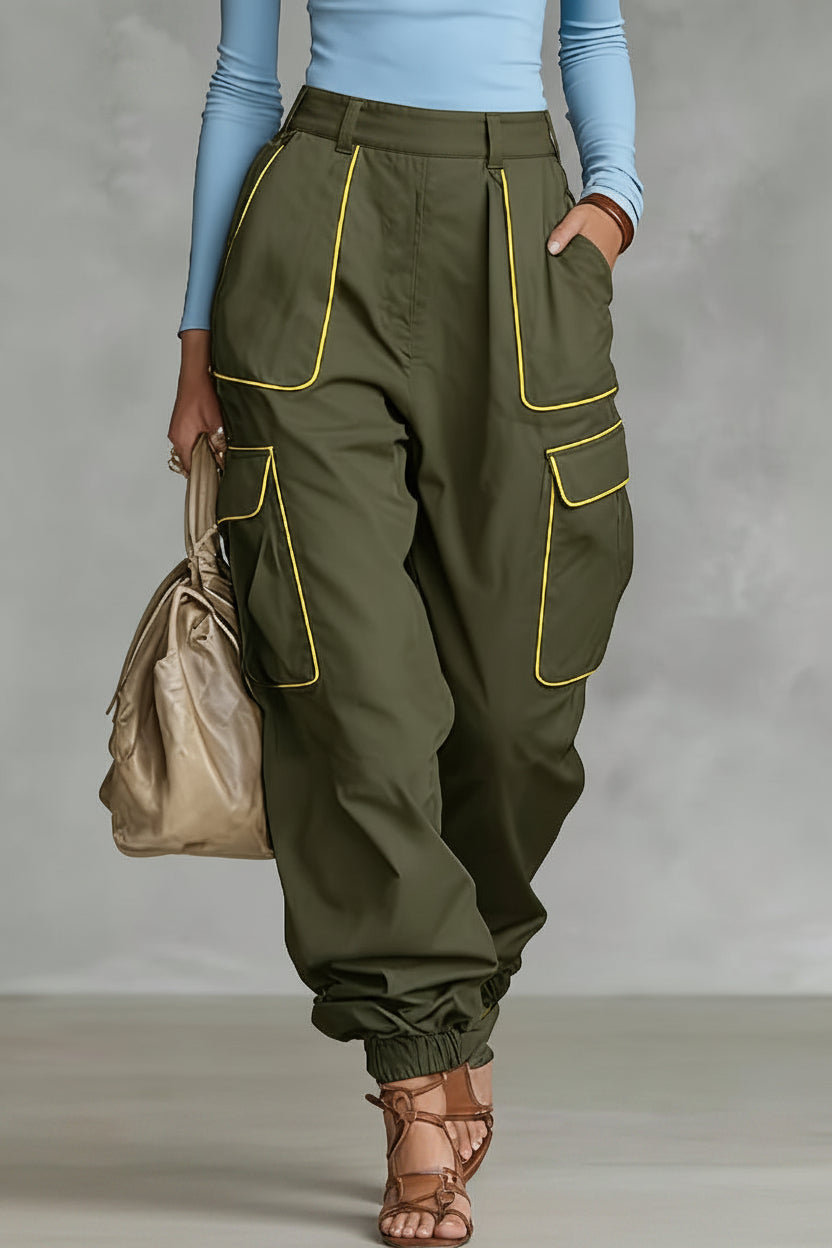 Women's high waist cargo work pants by FitiqueFit, tapered casual trousers with multiple pockets, displayed on a model.