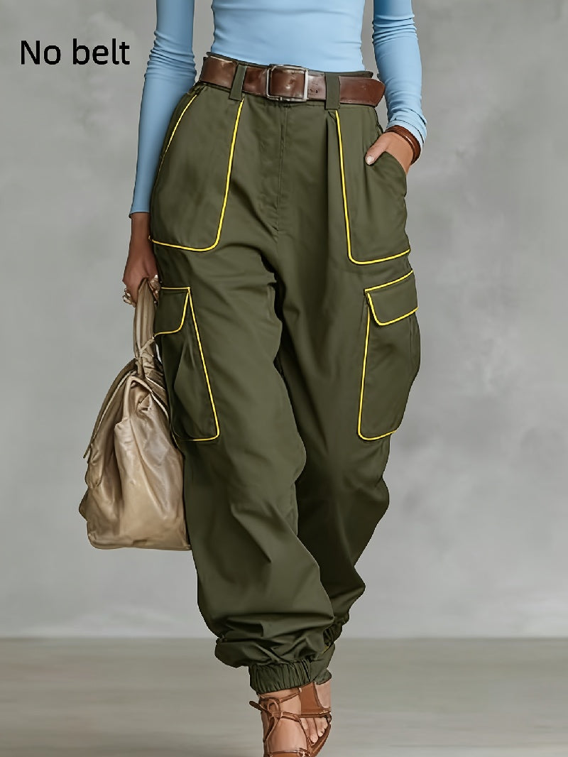 Women's high waist cargo work pants by FitiqueFit, tapered casual trousers with multiple functional pockets, shown in a relaxed fit.