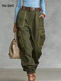 Women's high waist cargo work pants by FitiqueFit, tapered casual trousers with multiple functional pockets, shown in a relaxed fit.