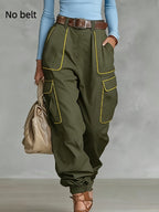 Women's high waist cargo work pants by FitiqueFit, tapered casual trousers with multiple functional pockets, shown in a relaxed fit.
