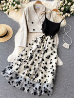 Elegant floral mesh two-piece dress and blazer set by Trendsi, featuring a stylish dress with floral details and matching blazer.