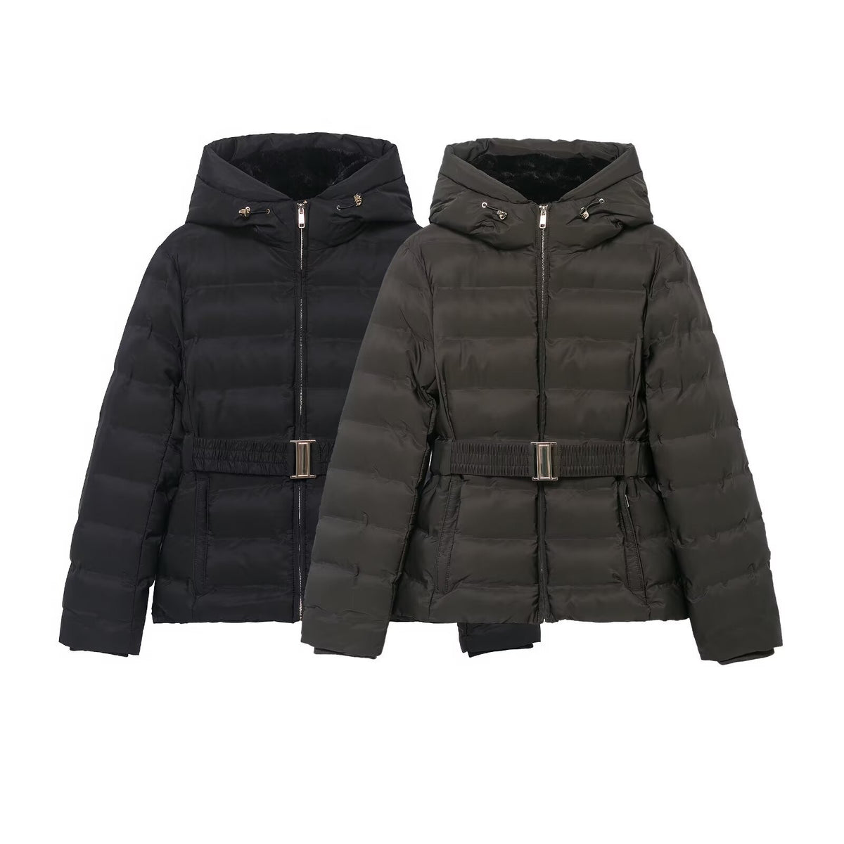 Two quilted nylon puffer jackets in black and dark green, featuring hoods, zip fronts, and belted waists.