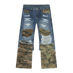 Distressed camouflage patchwork jeans by Trendsi, featuring a rugged design with mixed fabric patches and distressed details.