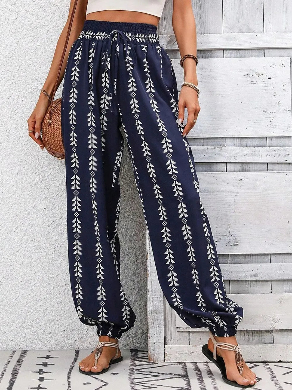 Plush Fashion Hub printed high-waist pants with a stylish design, made from soft fabric, suitable for casual or trendy outfits.