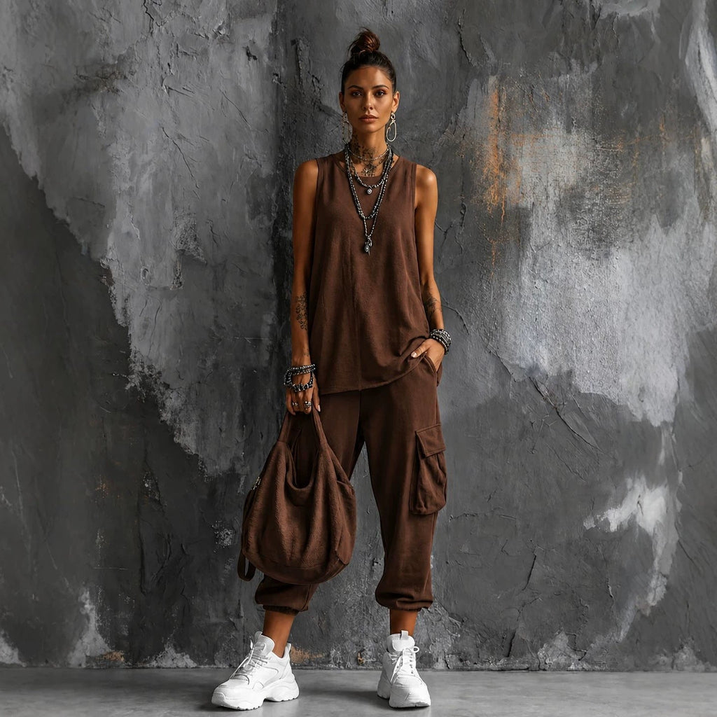 Women's sleeveless tank top and cropped ankle pants set by Plush Fashion Hub, casual two-piece outfit, front view.