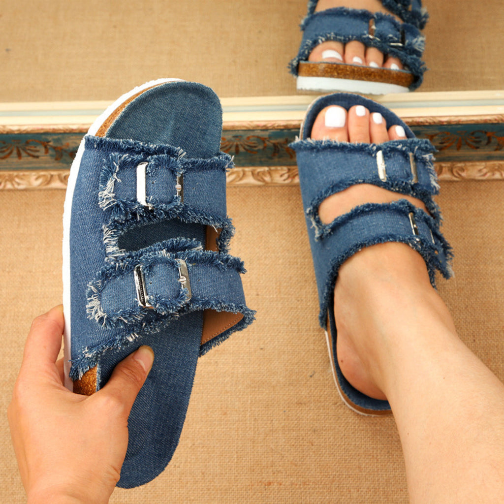 Shopimist frayed edge buckle sandals with open toe and ankle strap, showcasing stylish design and neutral color.