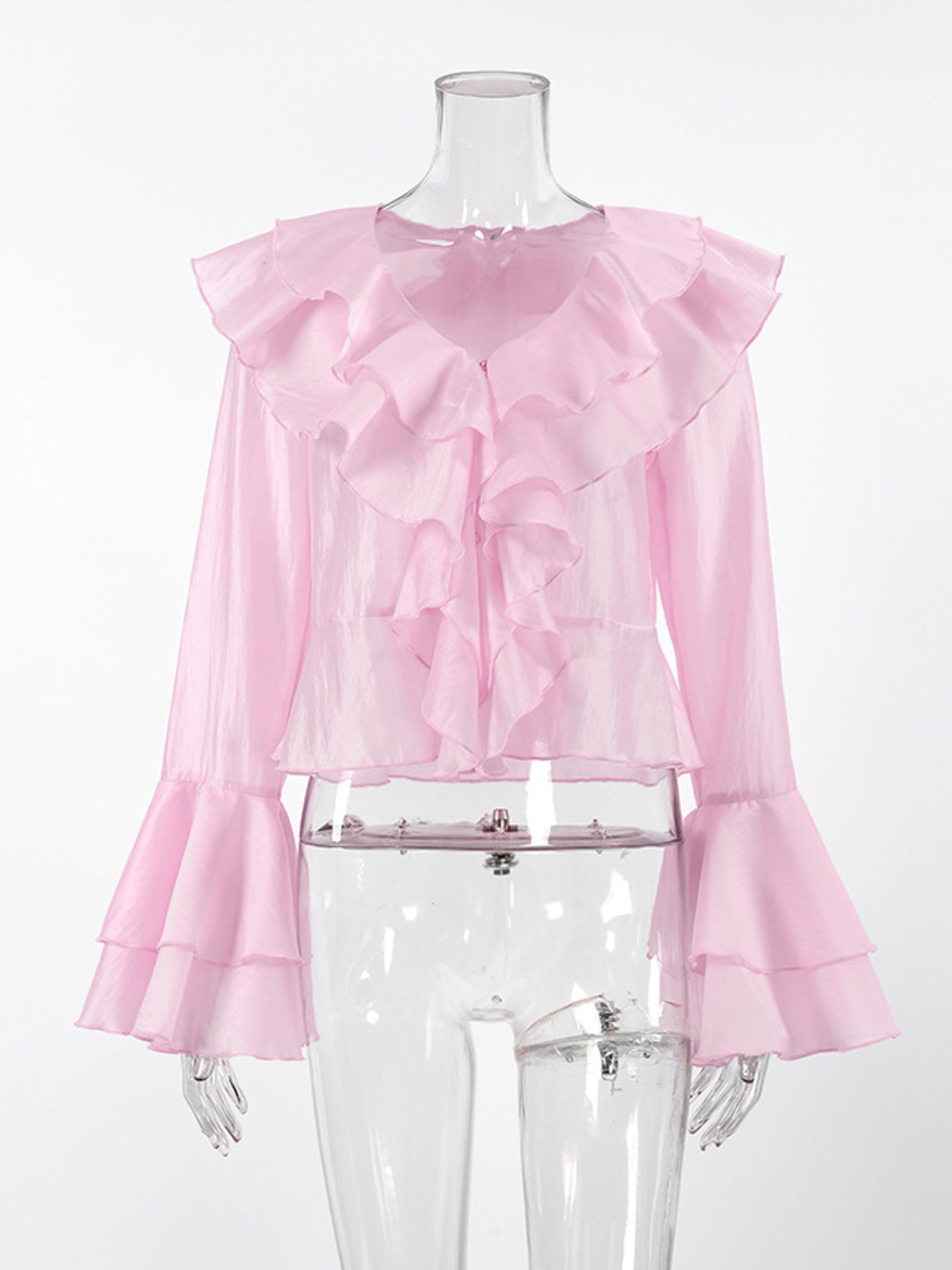 Women's elegant long sleeve blouse with ruffle trim, made from soft Tencel blend, stylish and comfortable top by Trendsi.
