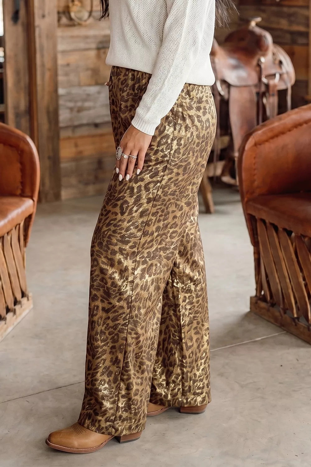 Multicolour leopard print western style wide-leg full-length pants from Trendsi, featuring bold animal print and flowing fit.