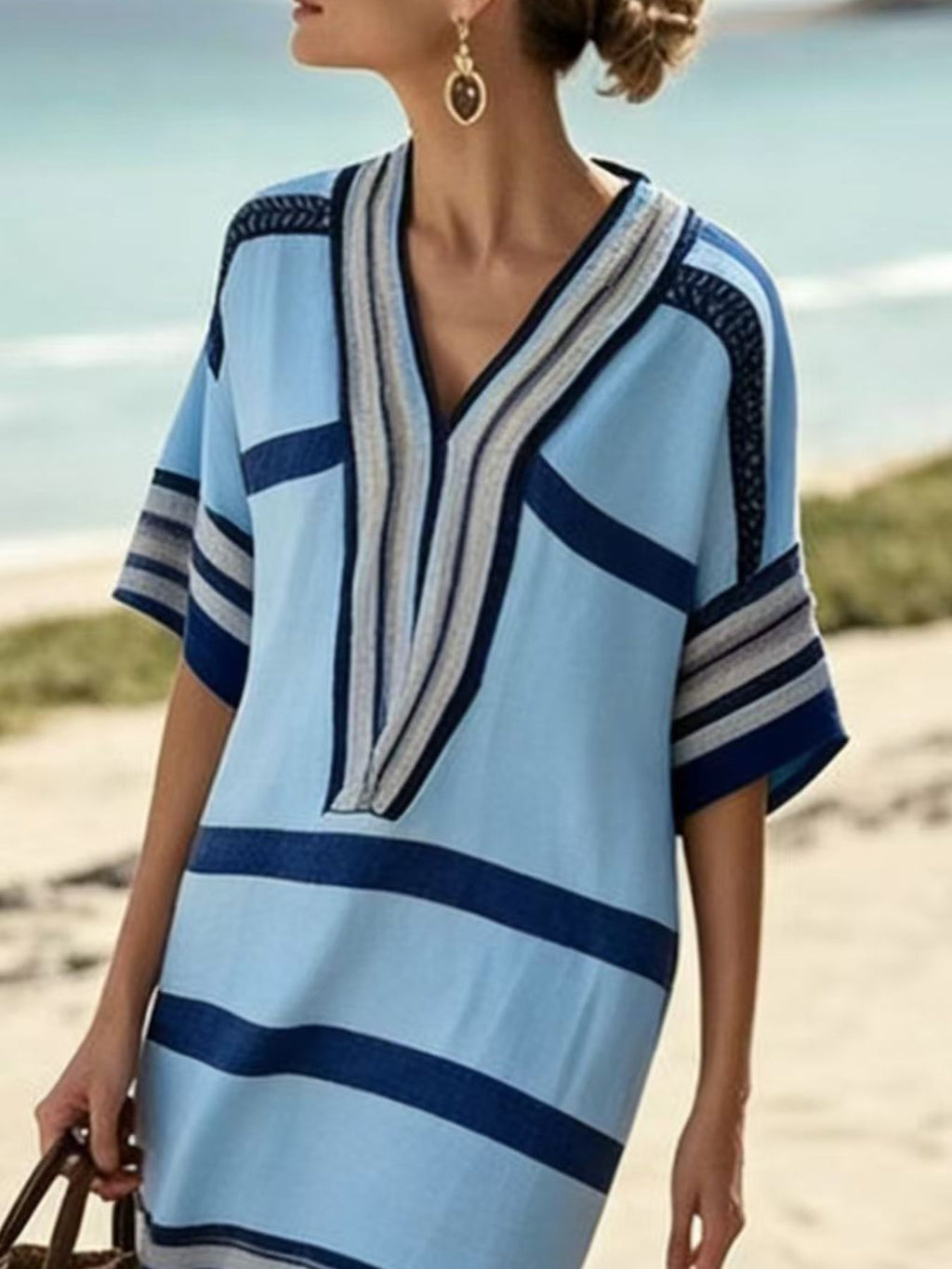 Plus size women's striped half-sleeve midi dress by Plush Fashion Hub, casual chic everyday wear, featuring a stylish striped pattern.