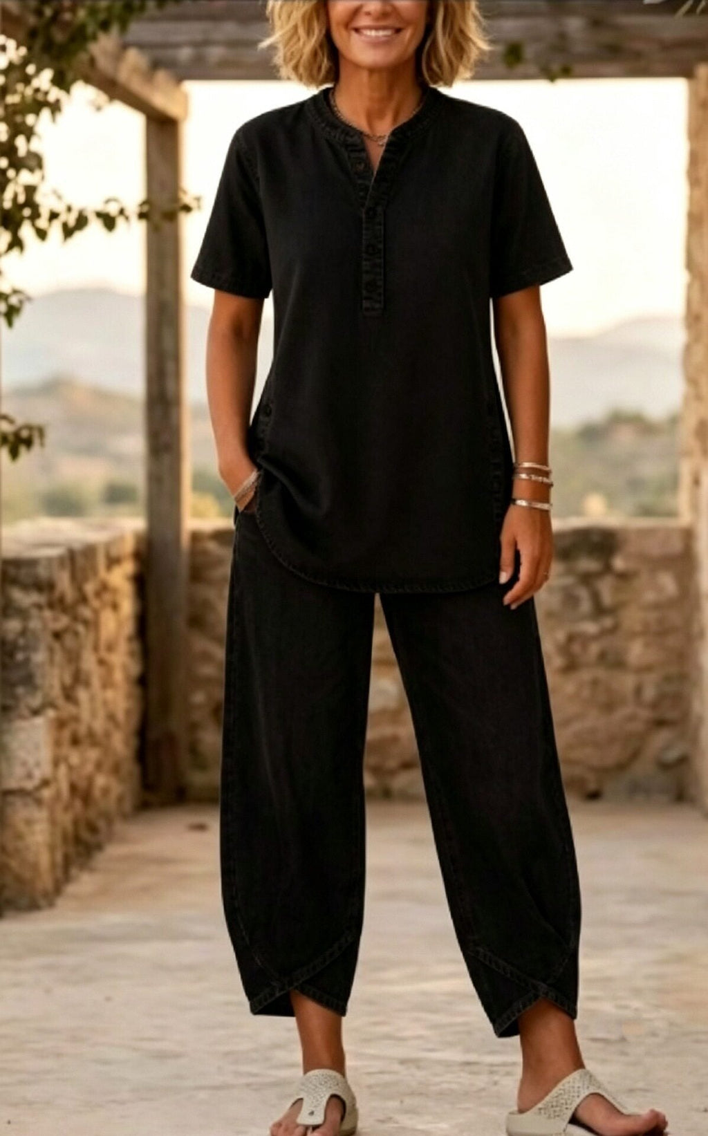 Women’s lapel button-up top and pants two-piece set with three-quarter sleeves from Plush Fashion Hub, stylish and comfortable.
