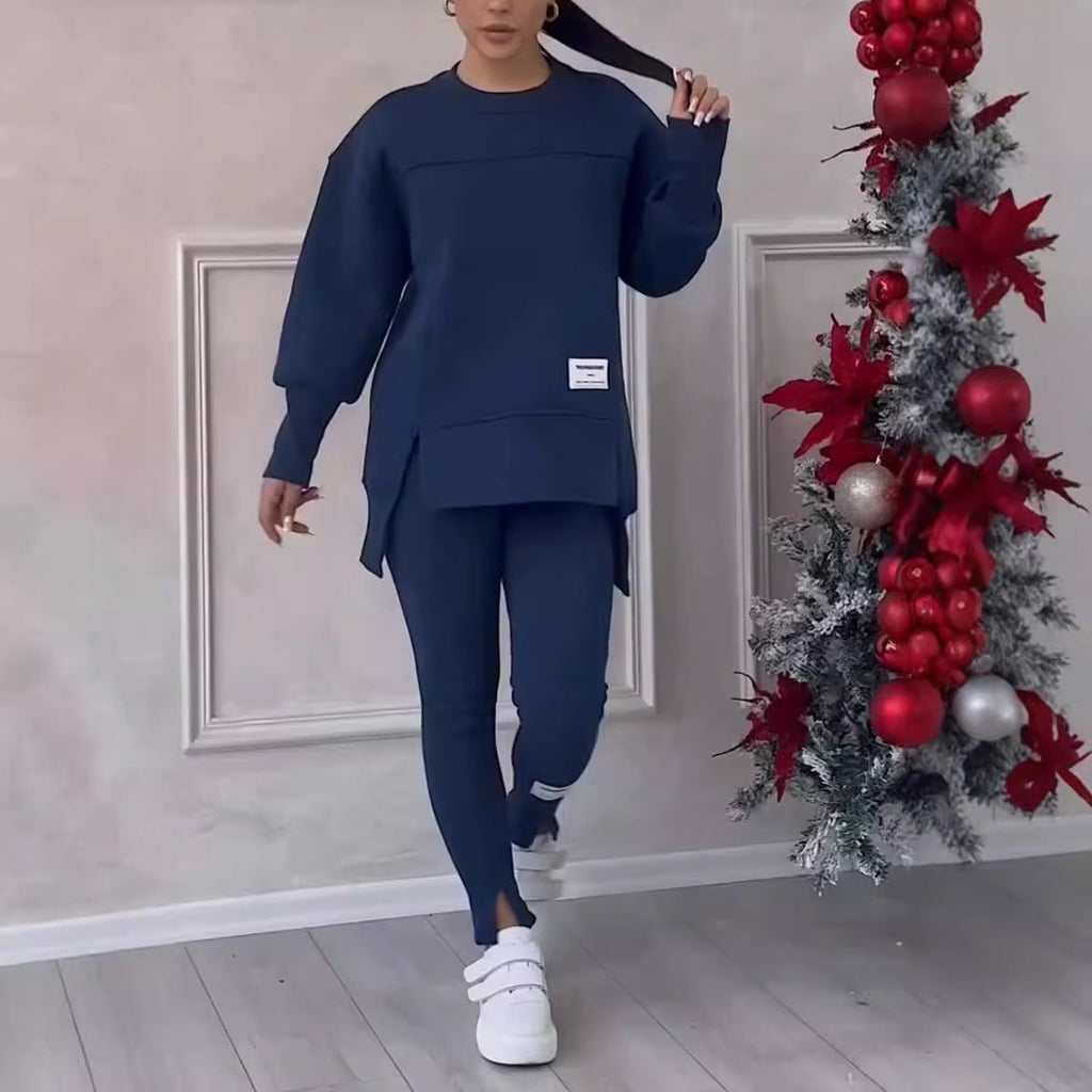 Women's solid color 2-piece casualwear set by Plush Fashion Hub featuring a relaxed fit top and matching pants.