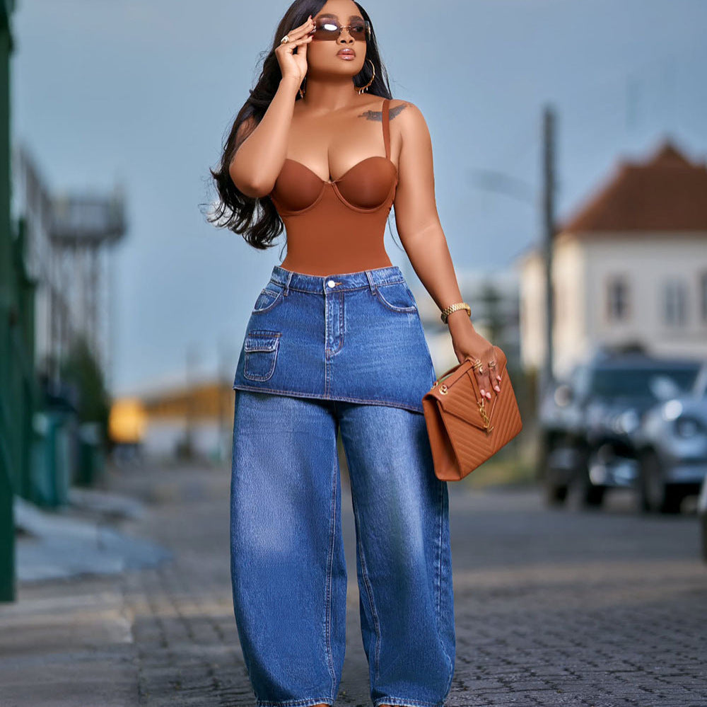 Plush Fashion Hub washed elastic waist straight-leg denim jeans with classic blue color and comfortable fit.