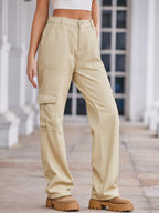 VYSN straight denim cargo pants showing front view with multiple side and back pockets, casual fashion clothing for men or women.