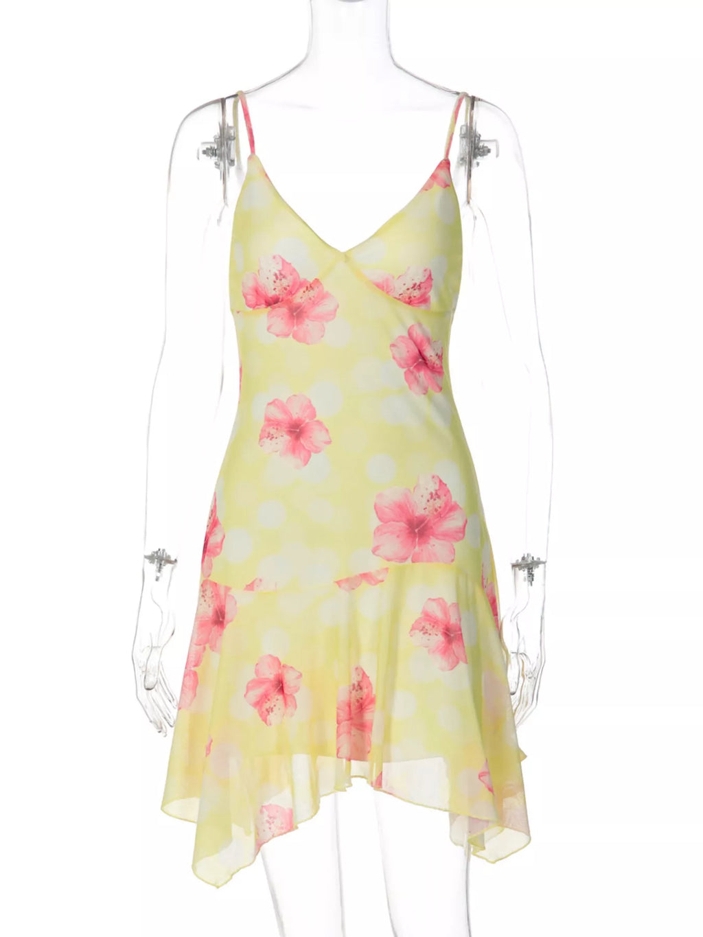 Sheer floral print sleeveless asymmetrical mini dress by Shopimist, featuring a lightweight fabric and stylish design.