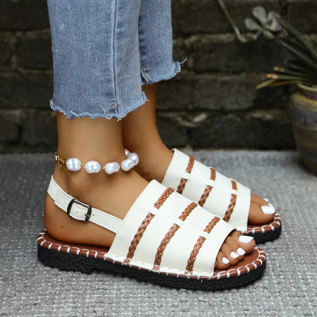 Shopimist open toe buckle sandals featuring a stylish strap design and a comfortable flat sole.