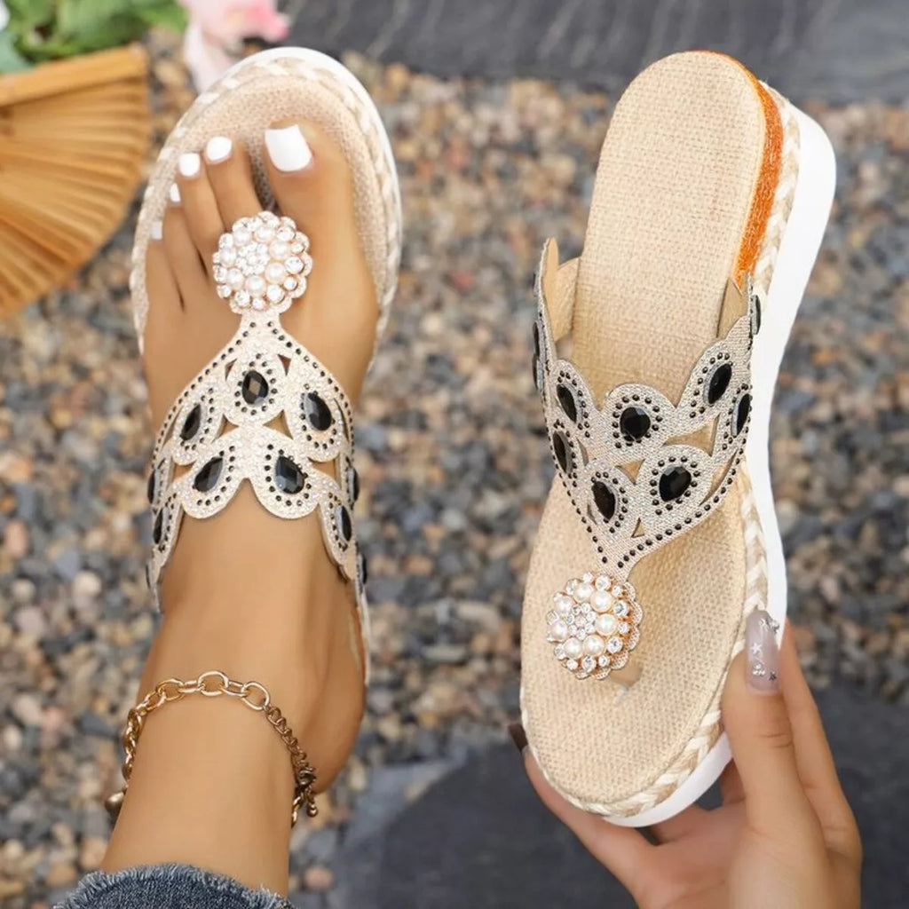Shopimist toe post wedge sandals with tan straps and cork wedge heels, perfect for casual summer wear.