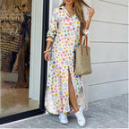 Floral print women's long shirt dress with lapel collar, midi length, relaxed fit, from Plush Fashion Hub.