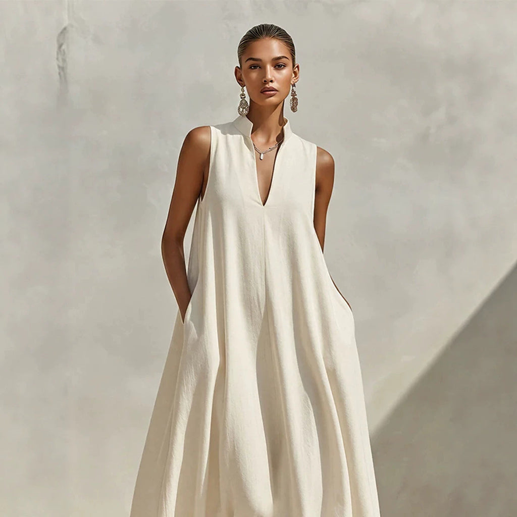 FitiqueFit linen blend sleeveless maxi dress with stand collar, available in five colors, shown in size small.