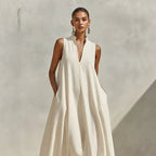 FitiqueFit linen blend sleeveless maxi dress with stand collar, available in five colors, shown in size small.