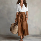 FitiqueFit button-down shirt and straight skirt two-piece set, stylish and coordinated outfit, shown on a model.
