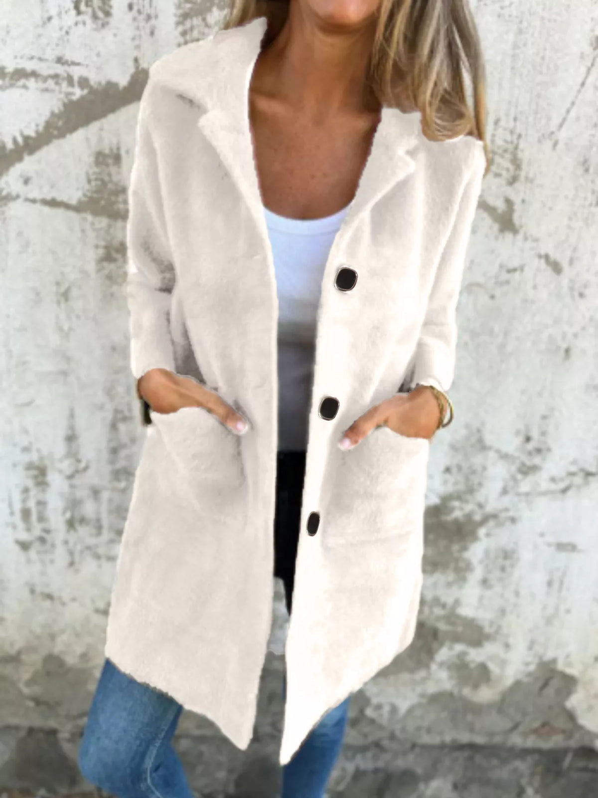 Plus size longline coat by Simply Love featuring a full size button-down long sleeve design and a stylish, flowing silhouette.