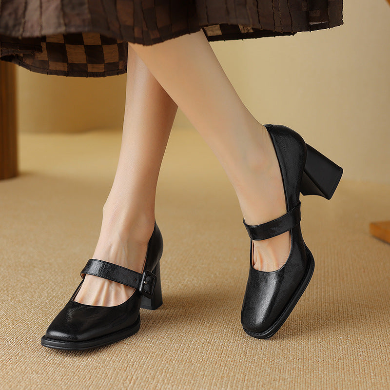 Women's sheepskin Mary Jane heels with square toe, chunky heel, and buckle detail, designed by FitiqueFit.