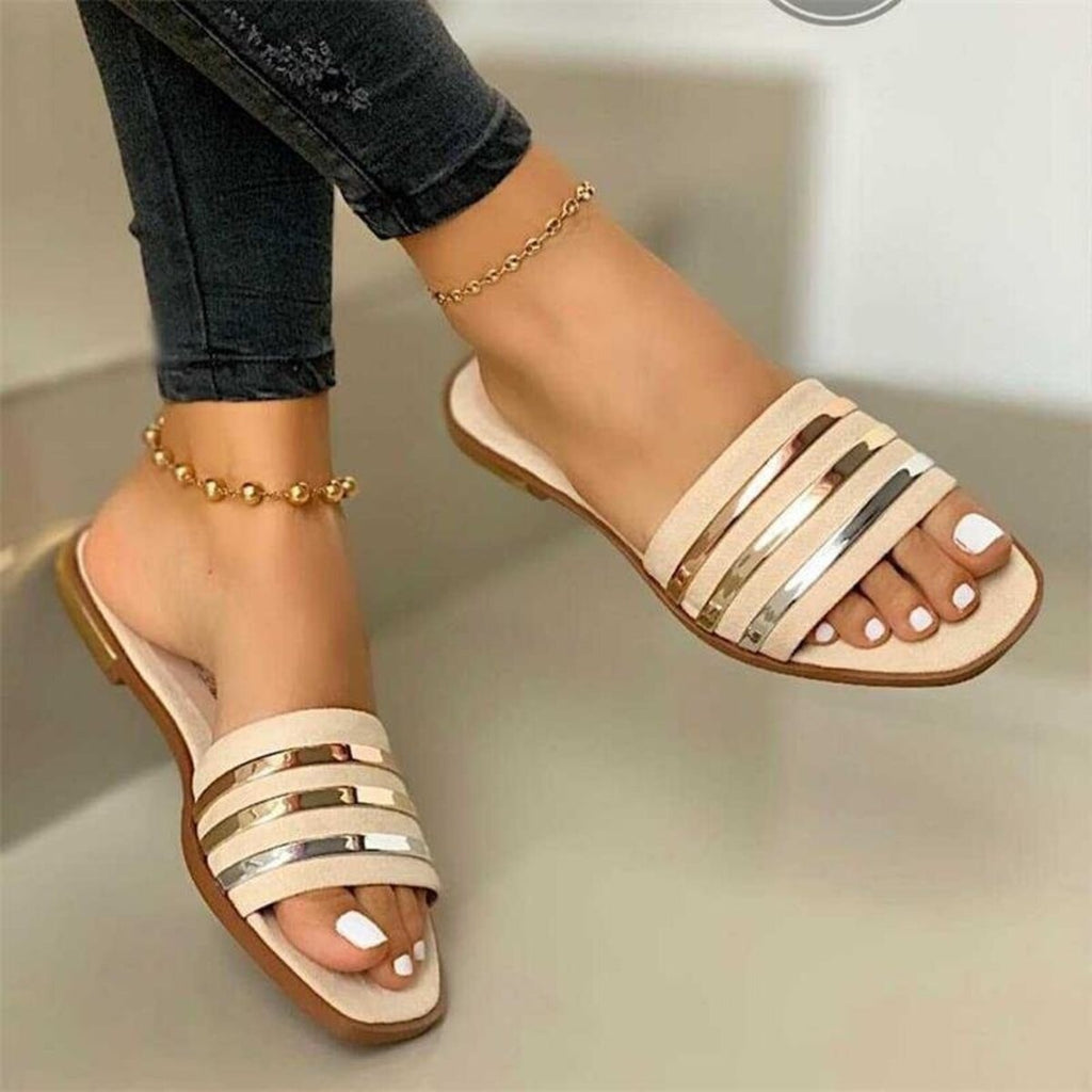 Women's open toe striped flat sandals by Plush Fashion Hub, featuring comfortable PU leather for summer wear.