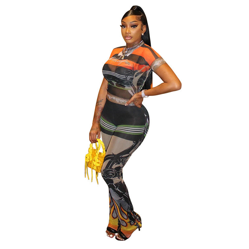 Sheer mesh round neck pullover and elastic high waist flared pants set by Plush Fashion Hub, stylish and trendy activewear.
