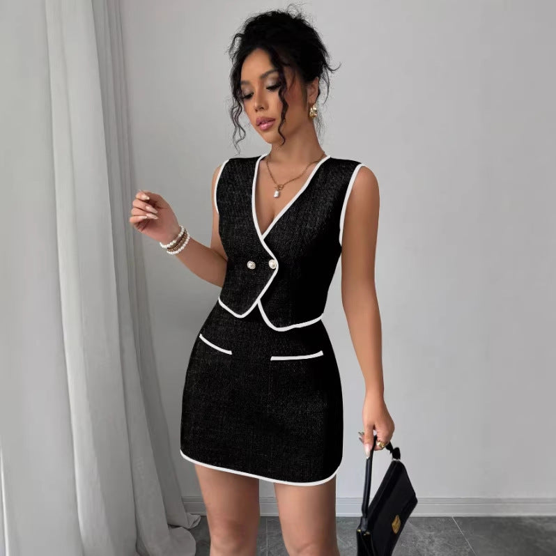 Casual FitiqueFit sleeveless irregular top with color-block pocket A-line skirt set, perfect for stylish everyday wear.