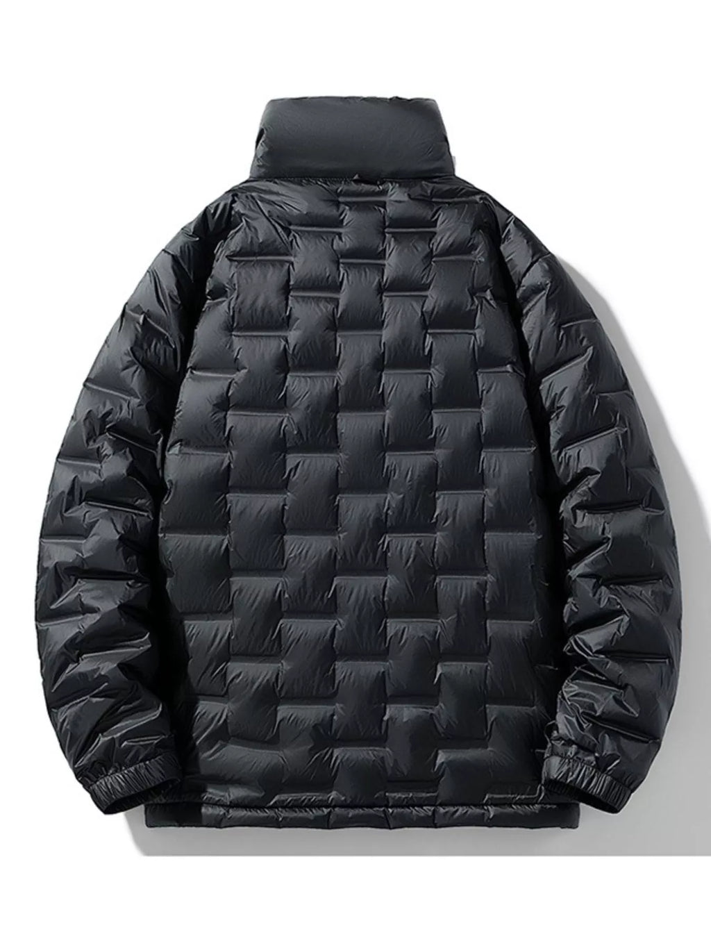 Men's padded quilted winter puffer jacket in plus size, black, with a high collar and front zipper from Shopimist.