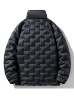 Men's padded quilted winter puffer jacket in plus size, black, with a high collar and front zipper from Shopimist.