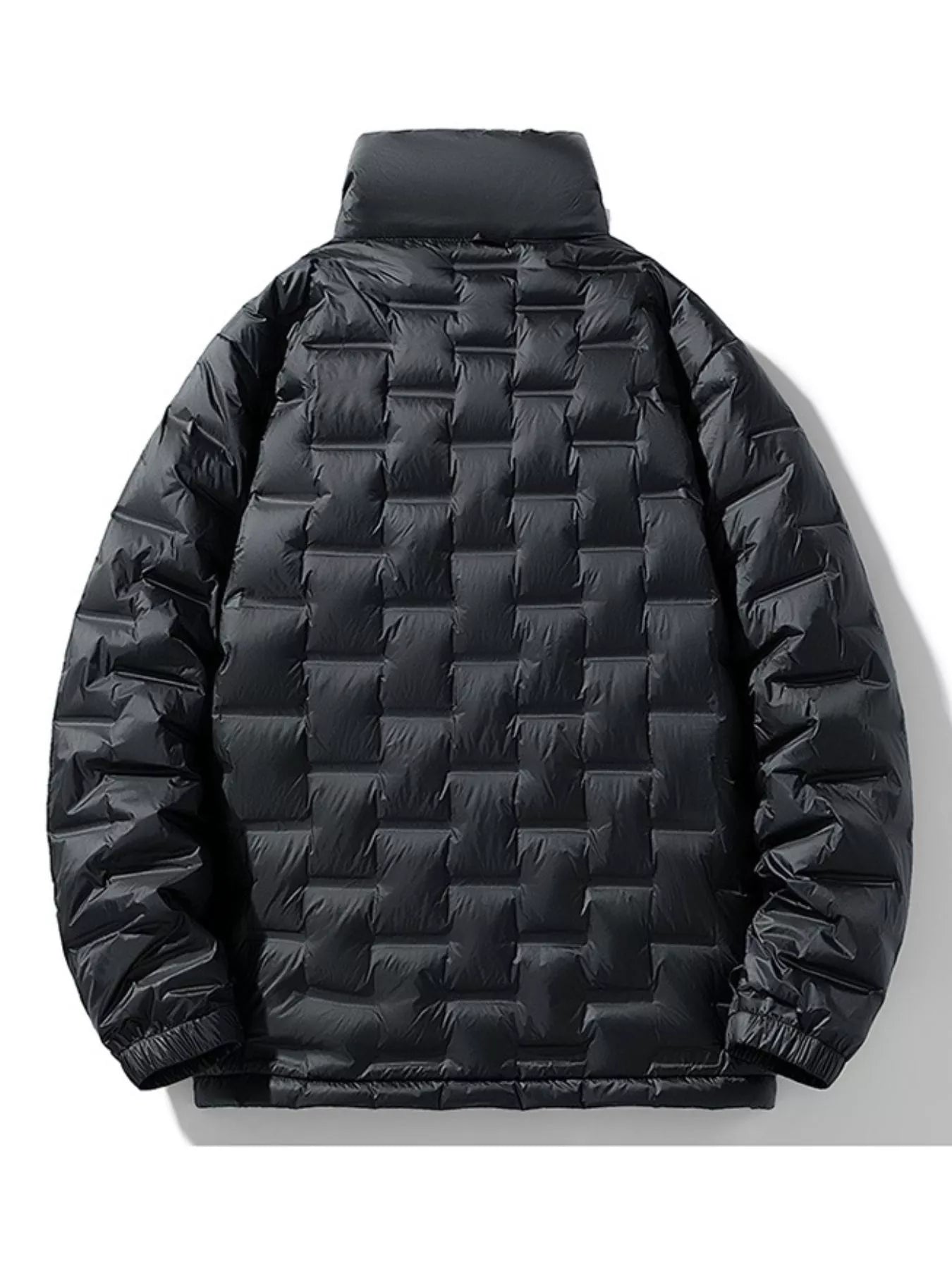 Men's padded quilted winter puffer jacket in plus size, black, with a high collar and front zipper from Shopimist.