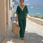 Women's embroidered V-neck top and wide-leg pants set by FitiqueFit in five colors, featuring detailed embroidery and comfortable fit.