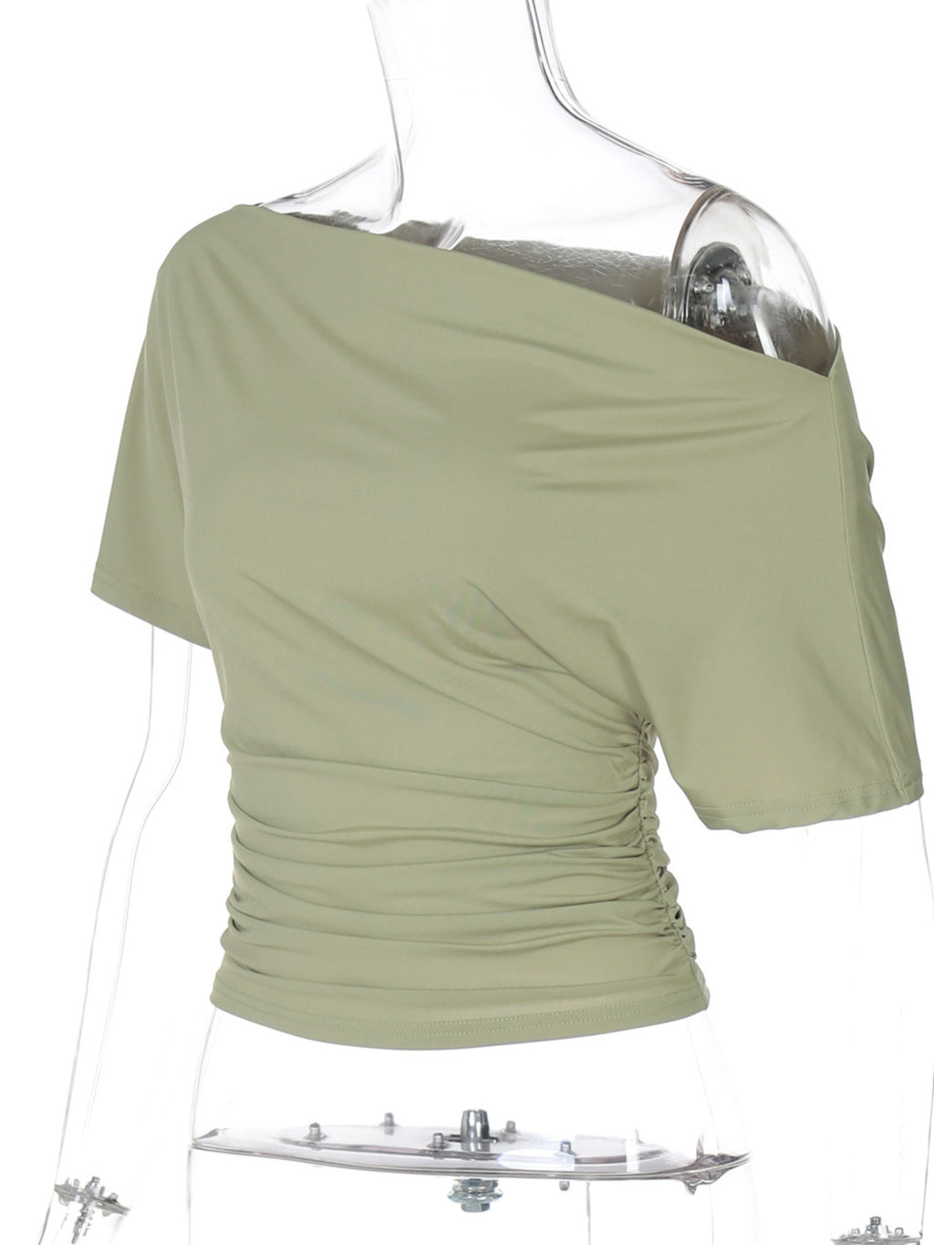 Women's one shoulder ruched short sleeve T-shirt by Trendsi, showcasing a chic stretch top with a gathered design.