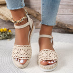 Women's crochet espadrille platform sandals with mid-heel, trendy summer shoes featuring woven uppers and sturdy jute soles.