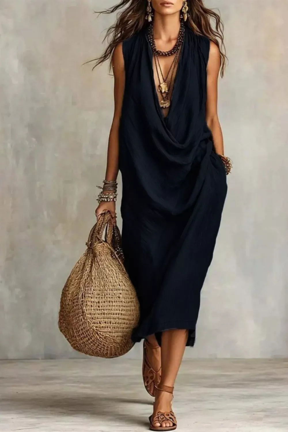 Shopimist sleeveless drape neck midi dress displayed on a model, featuring a flowy silhouette and elegant draped neckline.