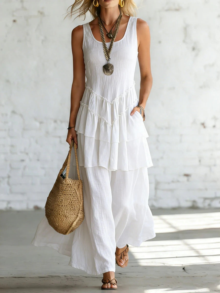 Women's cotton linen sleeveless maxi dress in a relaxed fit, casualwear by Plush Fashion Hub, shown in a light, breathable fabric.