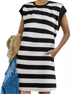 Plus size casual striped short sleeve mini dress by Trendsi, featuring a full size fit and comfortable, stylish design.