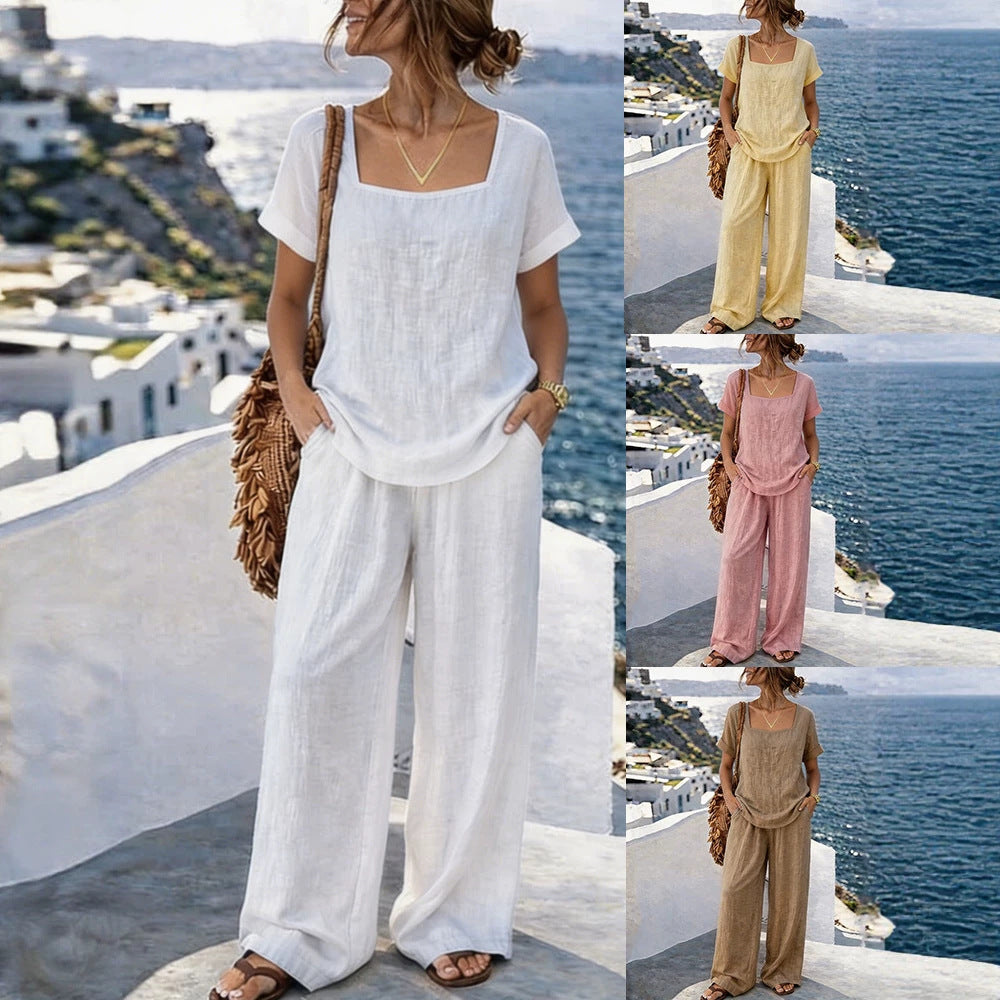 Women's square-neck short-sleeve cotton blend pantsuit from FitiqueFit, featuring a stylish two-piece set with tailored fit.
